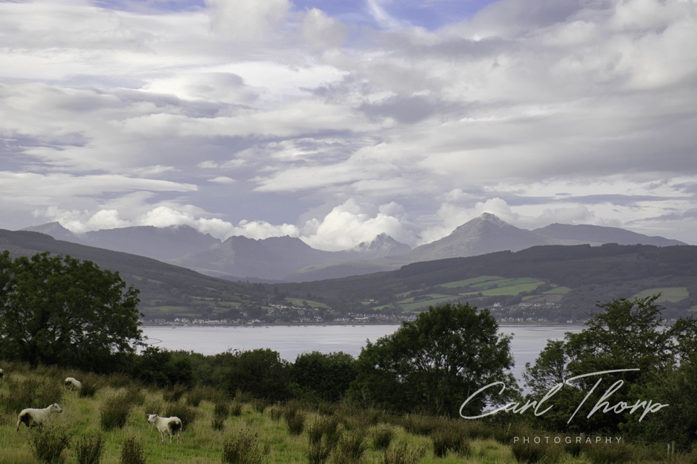 View over Lamlash bay to the mountains at the north of Arran