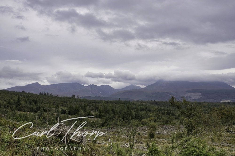 The mountains of Arran, Scotland on a cloudy day.